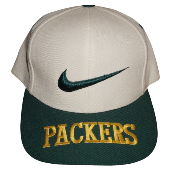 RARE Vtg 90s Nike Green Bay Packers Snapback Hat White Green Big Swoosh Logo - Picture 1 of 5